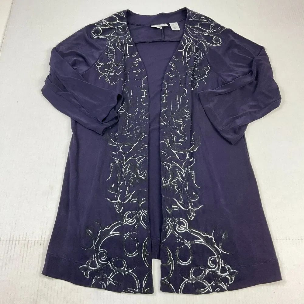 Chicos Travelers Cardigan Jacket Purple 3/4 Sleeve Open Front Stretch 1 M Medium